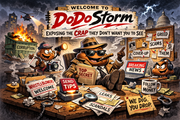 Cartoon newsroom poster for DoDoStorm showing a trench-coat-wearing poop detective with “Top Secret” files, a “Send Tips” button, “Whistleblowers Welcome,” and a board of “Greed,” “Scam$,” and “Cover-Up,” with stormy lightning over a city skyline.