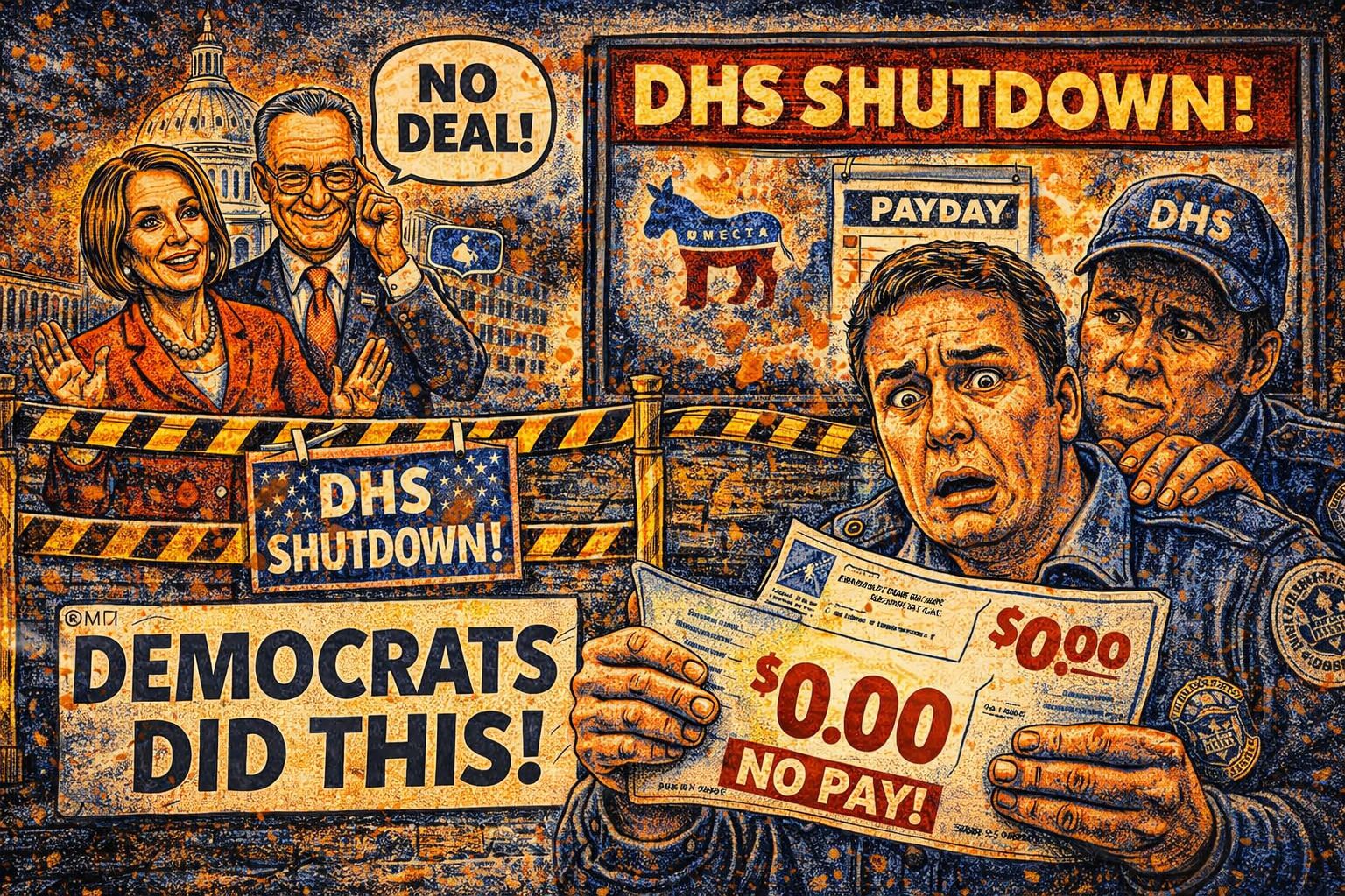 Satirical cartoon showing a DHS worker holding a zero-dollar paycheck while politicians stand behind a barricade labeled no deal during a government shutdown.