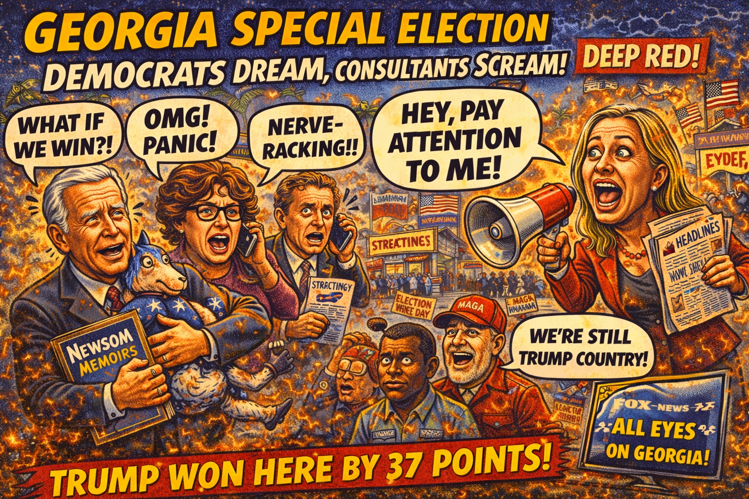Satirical cartoon illustration of the Georgia special election in a deep red district, showing anxious political consultants and Democrats reacting dramatically while pro-Trump voters celebrate in the background.