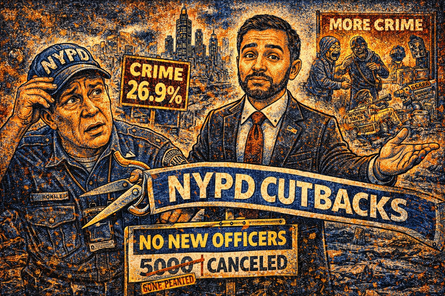 Satirical cartoon showing Mayor Mamdani cutting NYPD hiring plans while a concerned police officer looks on and crime increases in the background.