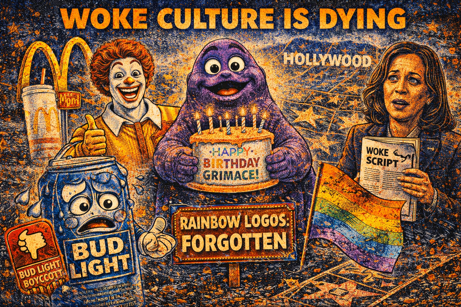 Satirical cartoon showing Grimace celebrating a birthday while corporate symbols move away from rainbow branding and a distressed beer mascot reacts to backlash.