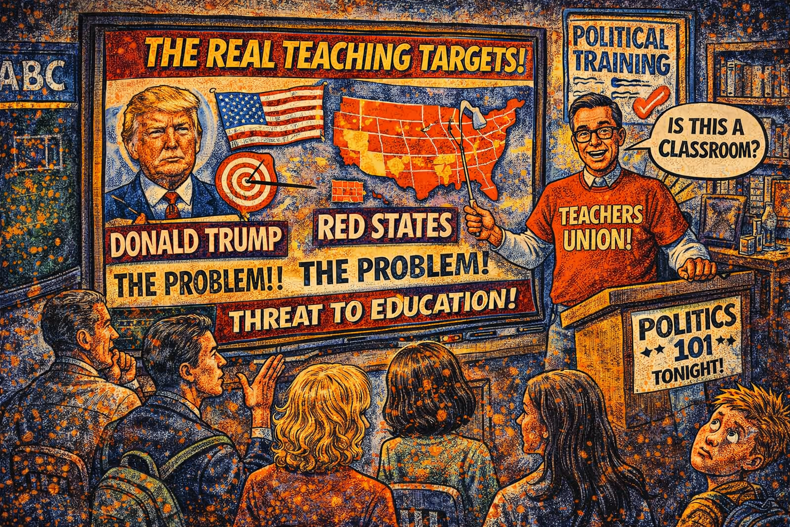 Satirical cartoon showing a teacher leading a politically charged training session focused on Donald Trump and red states while confused attendees question the purpose.