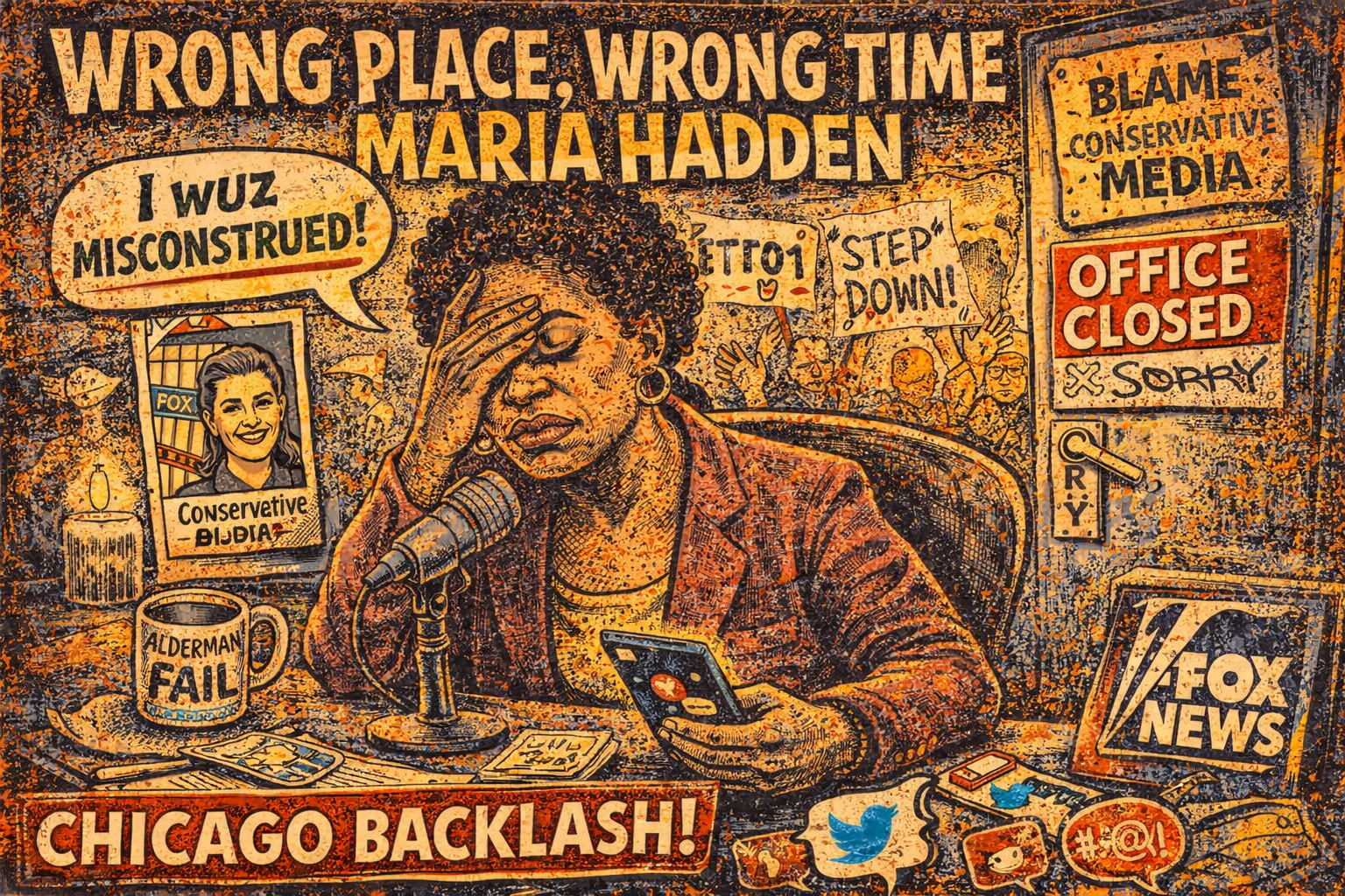 Satirical cartoon of a Chicago politician overwhelmed at her desk while reacting to public backlash, with signs reading “office closed” and “blame media.”