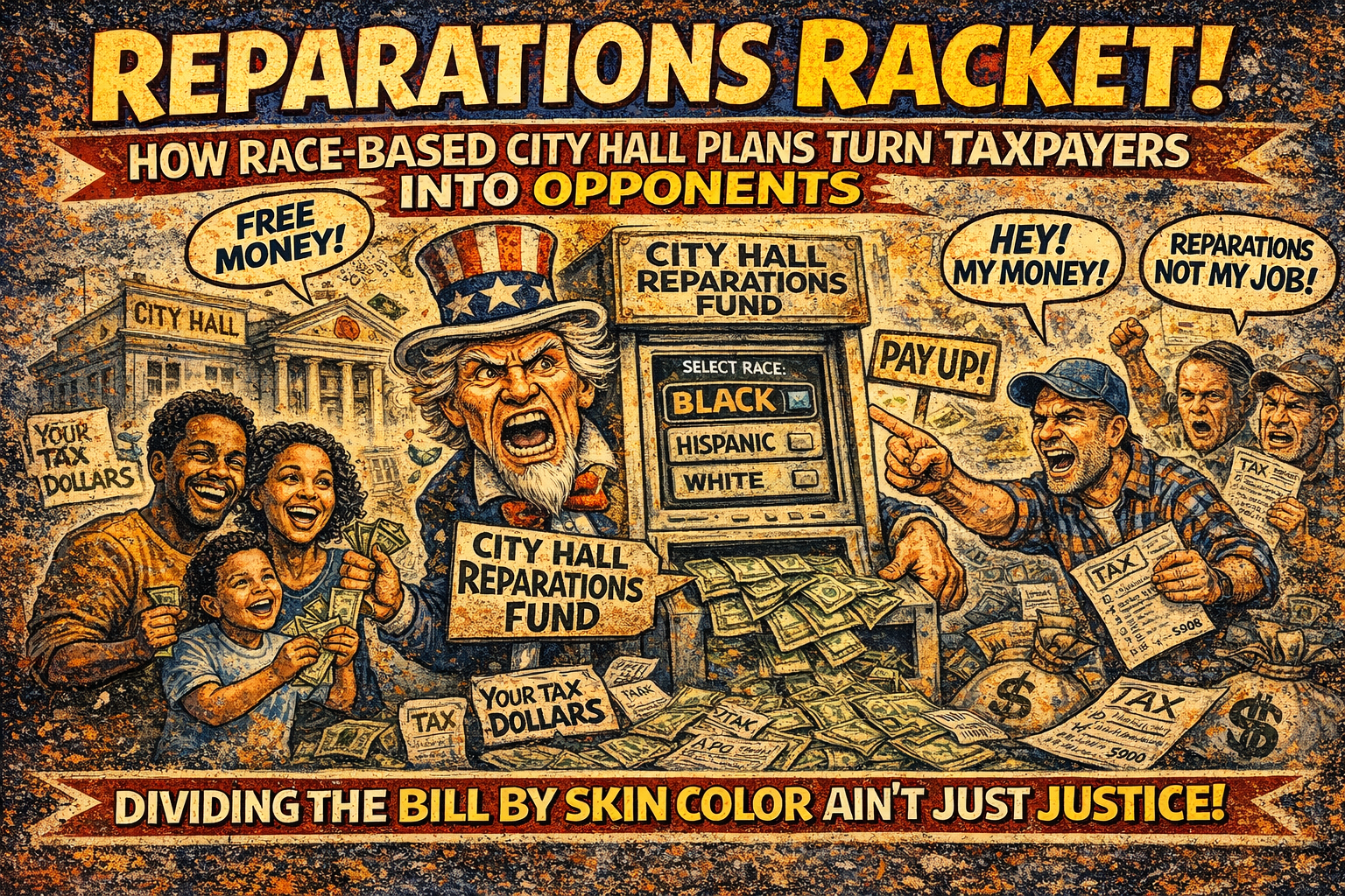 A loud DoDoStorm-style political cartoon shows an angry Uncle Sam running a “City Hall Reparations Fund” machine that spits out cash while taxpayers on the right wave tax bills and protest. The machine includes a race-selection panel, and large distressed headline text frames the scene like a chaotic tabloid cover.