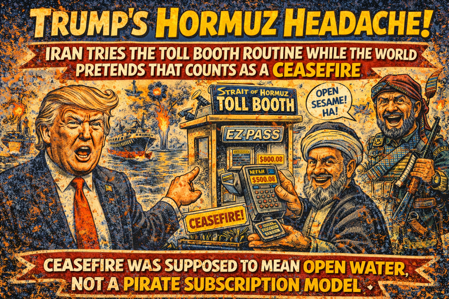 A satirical DoDoStorm-style political cartoon shows Donald Trump angrily pointing at a fake “Strait of Hormuz Toll Booth” where an Iranian cleric grins while holding a payment terminal. A вооруженный militant stands nearby mocking the ceasefire as tankers back up in burning waters behind them. Large distressed headline text frames the image like a chaotic tabloid cover.