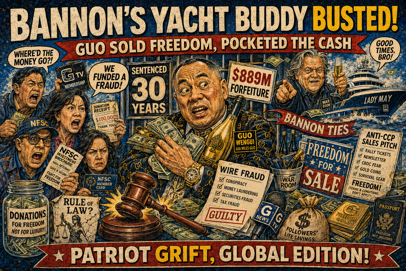 DoDoStorm-style political cartoon showing Guo Wengui surrounded by cash, fraud papers, angry donors, a 30-year sentence sign, and Steve Bannon near a yacht labeled Lady May.